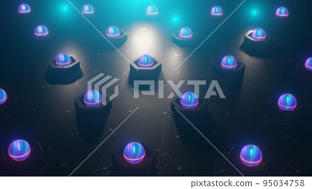 Quantum computer circuit at work, qubits, system board macro illustration, electron mycroscope chip enlargement, quantum bits represented by bloch spheres at 0 states, 3D rendering Quantum computer circuit at work, qubits, system board macro illustration, electron mycroscope chip enlargement, quantum bits represented by bloch spheres at 0 states, 3D rendering 95034758
