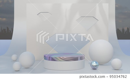 Geometric background for product demonstration, display with pearlescent podium, 3d rendering, 16 x 9 wide, outdoor daylight shading Geometric background for product demonstration, display with pearlescent podium, 3d rendering, 16 x 9 wide, outdoor daylight shading 95034762