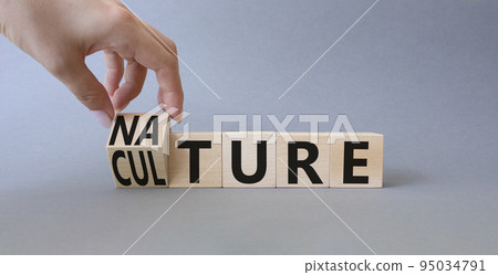 Nature and Culture symbol. Businessman hand turnes wooden cubes and changes word Culture to Nature. Beautiful grey background. Business concept. Copy space. 95034791