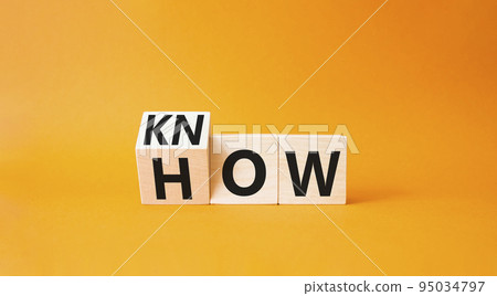 Know how symbol. Turned wooden cubes with words How and Know. Beautiful orange background. Business and Know how concept. Copy space. 95034797