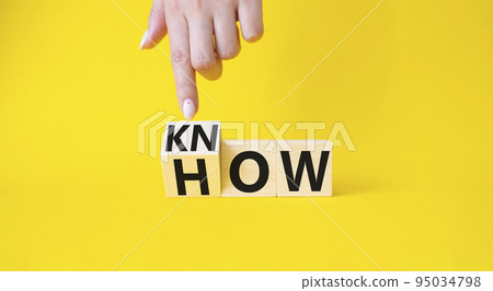 Know how symbol. Businessman hand points at turned wooden cubes with words How and Know. Beautiful yellow background. Business and Know how concept. Copy space. Know how symbol. Businessman hand points at turned wooden cubes with words How and Know. Beautiful yellow background. Business and Know how concept. Copy space. 95034798