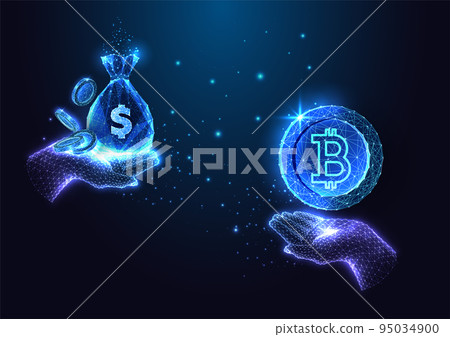 Concept of cryptocurrency exchange value with hands holding bitcoin and bag of dollar coins on dark blue  95034900