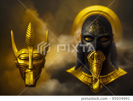 Egyptian Priest and a Diety Mask Surrounded by Burning Incense in a Temple Ritual Egyptian Priest and a Diety Mask Surrounded by Burning Incense in a Temple Ritual 95034991