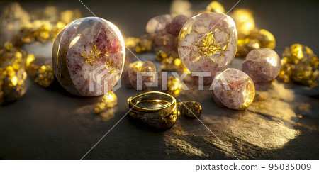 Jewelry Background with a Gold Ring and Rose Quartz Stones with Gold Veins 95035009