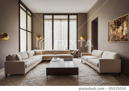 Spacious and Light Double Hight Modern Living Room with Floor to Ceiling Windows 95035030