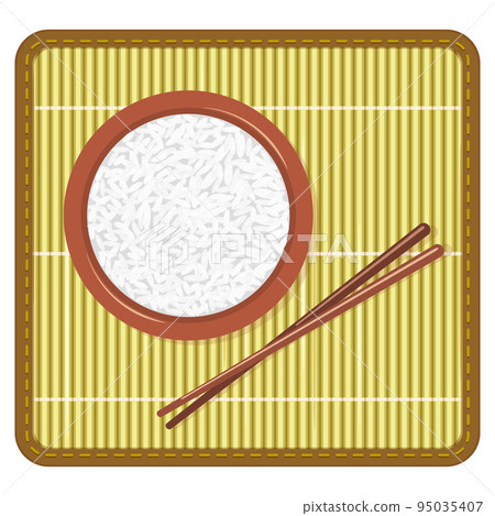 Cooked rice in a brown bowl on yellow bamboo mat with Chinese chopsticks. Cooked rice in a brown bowl on yellow bamboo mat with Chinese chopsticks. 95035407