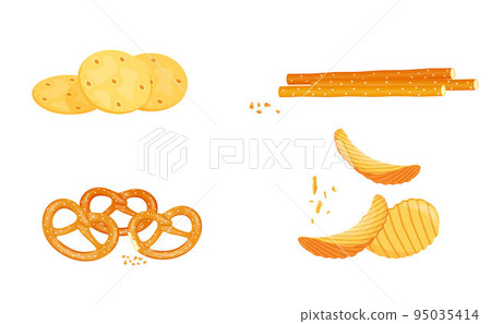 A set of salty snacks, pretzel, potato chips, bread sticks, cracker. 95035414