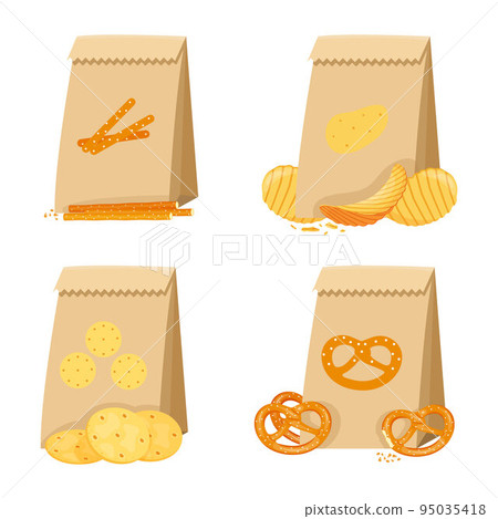 Salty snack in paper bags, pretzel, cracker, straws, chips. Salty snack in paper bags, pretzel, cracker, straws, chips. 95035418