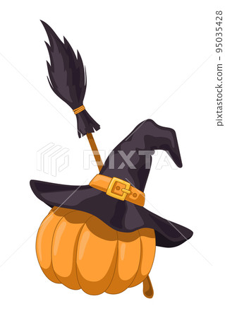 Pumpkin in a magic hat with broom Pumpkin in a magic hat with broom 95035428