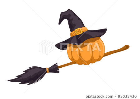 Pumpkin in a magic hat flying on broom Pumpkin in a magic hat flying on broom 95035430