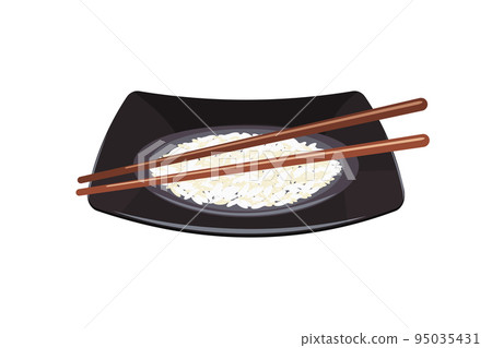 White rice on black square plate with Chinese chopsticks. Vector illustration of a grain garnish. White rice on black square plate with Chinese chopsticks. Vector illustration of a grain garnish. 95035431