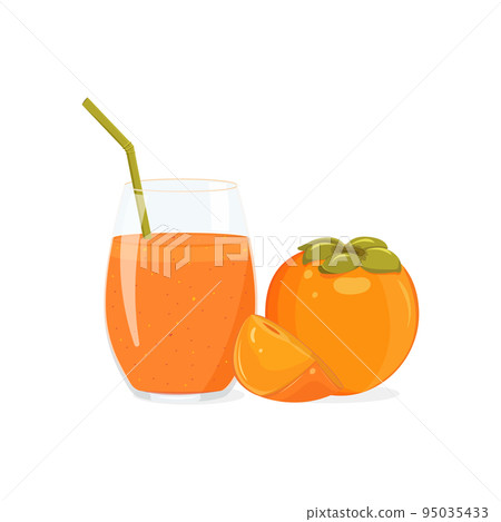 Persimmon, glass of smoothie with a drinking straw. 95035433