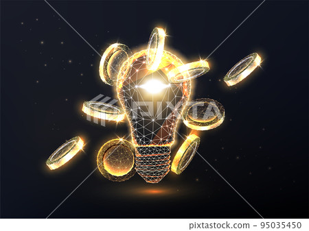 Concept of growing business idea, startup investment. Gold lightbulb and coins on black background 95035450