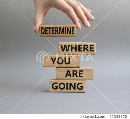 Determination symbol. Wooden blocks with words Determine where you are going. Beautiful grey background. Businessman hand. Business and Determine where you are going concept. Copy space 95035876