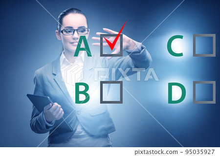 Multiple choice test question concept with business people Multiple choice test question concept with business people 95035927