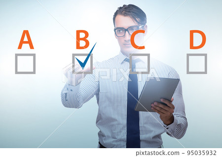 Multiple choice test question concept with business people Multiple choice test question concept with business people 95035932