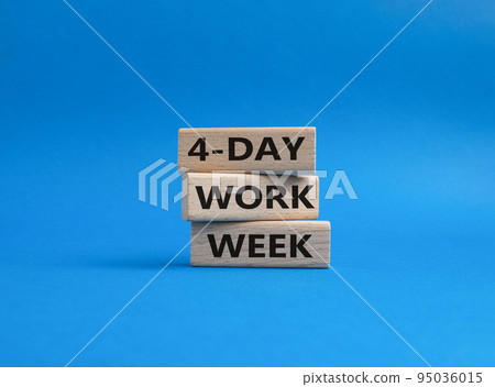 4-day work week symbol. Concept words 4-day work week on wooden blocks. Beautiful blue background. Business and 4-day work week concept. Copy space 4-day work week symbol. Concept words 4-day work week on wooden blocks. Beautiful blue background. Business and 4-day work week concept. Copy space 95036015