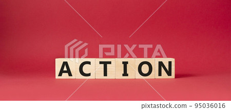 Action symbol. Concept word Action on wooden cubes. Beautiful red background. Business and Action concept. Copy space. 95036016