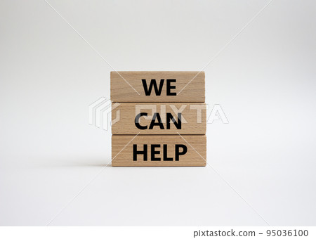 We can help symbol. Wooden blocks with words We can help. Beautiful white background. Business and We can help concept. Copy space. 95036100
