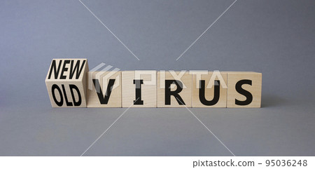 New and old virus symbol. Turned cubes with words Old virus and New virus. Beautiful grey background. Medicine and Virus concept. Copy space 95036248