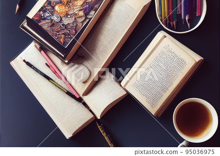 Flatlay overhead view of books and pencils. Concept illustration for business or back to school. Flatlay overhead view of books and pencils. Concept illustration for business or back to school. 95036975