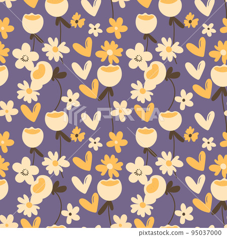 Seamless floral pattern based on traditional folk art ornaments. Colorful flowers on color background. Scandinavian style. Sweden nordic style. Vector illustration. Simple minimalistic pattern 95037000