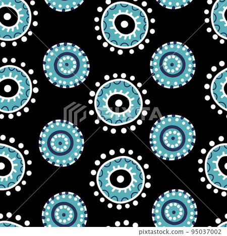 Seamless pattern with geometric aboriginal ornament. Ethnic tribal rounded color background. Afican, australian motiph. Dots painting. Vector illustration, template design for cloth, card, fabric 95037002