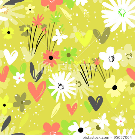 Seamless floral pattern based on traditional folk art ornaments. Colorful flowers on color background. Scandinavian style. Sweden nordic style. Vector illustration. Simple minimalistic pattern 95037004
