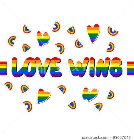 Set of LGBT icons. Flag LGBT, hearts, rainbow. Template design, vector illustration. Love wins. Geometric shapes in the colors on the rainbow. Colorful symbols. Gay pride collection. Banner. 95037045