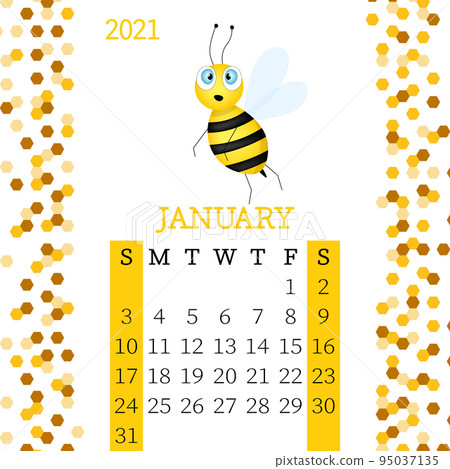 Calendar 2021. Monthly calendar for January 2021 from Sunday to Saturday. Yearly Planner. Templates with cute hand drawn bee. Vector illustration. Great for kids. Calendar page for print. 95037135