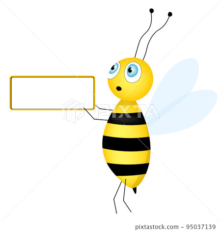 Cartoon cute bee mascot. Merry bee with an empty table. Small wasp. Vector character. Insect icon. Holiday template design for invitation, cards, wallpaper, school, kindergarten. Copy space. Cartoon cute bee mascot. Merry bee with an empty table. Small wasp. Vector character. Insect icon. Holiday template design for invitation, cards, wallpaper, school, kindergarten. Copy space. 95037139