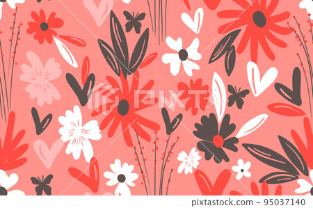 Seamless floral pattern based on traditional folk art ornaments. Colorful flowers on color background. Scandinavian style. Sweden nordic style. Vector illustration. Simple minimalistic pattern Seamless floral pattern based on traditional folk art ornaments. Colorful flowers on color background. Scandinavian style. Sweden nordic style. Vector illustration. Simple minimalistic pattern 95037140