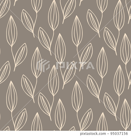 Floral seamless pattern with branches on beige background. Ornament with tropic leaves, sprigs. Vector illustration for fabric, textile, wallpaper, posters, paper. fashion print. Doodle style. 95037156