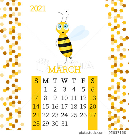 Calendar 2021. Monthly calendar for March 2021 from Sunday to Saturday. Yearly Planner. Templates with cute hand drawn bee. Vector illustration. Great for kids. Calendar page for print. 95037168