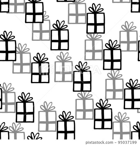 Holiday seamless pattern with present on white background. Vector illustration for Birthday, Merry Christmas, New year. Template design for invitation, poster, card, fabric, textile. Doodle style 95037199