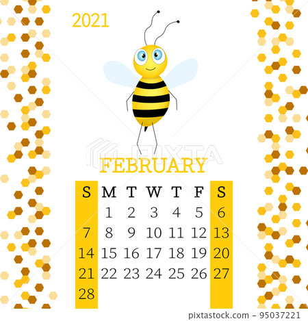 Calendar 2021. Monthly calendar for February 2021 from Sunday to Saturday. Yearly Planner. Templates with cute hand drawn bee. Vector illustration. Great for kids. Calendar page for print. 95037221
