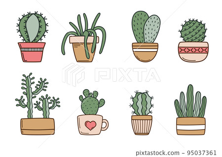 Cute cactus in flower pots set Cute cactus in flower pots set 95037361
