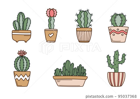 Cute cactus in flower pots set Cute cactus in flower pots set 95037368