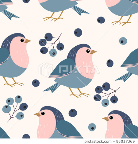 Seamless pattern with funny colorful birds, flowers, leaves and berries. Color flat vector illustration with little cartoon bird. Cute characters. Design for invitation, poster, card, textile, fabric 95037369