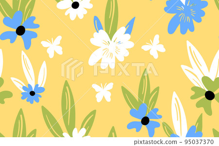 Seamless floral pattern based on traditional folk art ornaments. Colorful flowers on color background. Scandinavian style. Sweden nordic style. Vector illustration. Simple minimalistic pattern 95037370