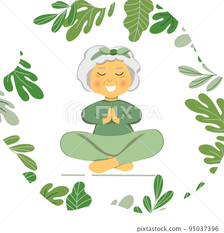 Sporty Granny does Yoga. Old person. Vector colorful cartoon illustration. Senior woman in pose yoga. Exercising for better health. Isolated flat image. Grandma. Grandmother character. 95037396