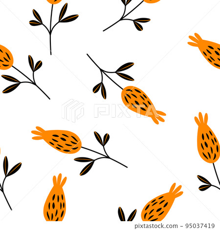 Seamless floral pattern based on traditional folk art ornaments. Orange and black flowers. Scandinavian style. Sweden nordic style. Vector illustration. Simple minimalistic pattern with nature element Seamless floral pattern based on traditional folk art ornaments. Orange and black flowers. Scandinavian style. Sweden nordic style. Vector illustration. Simple minimalistic pattern with nature element 95037419