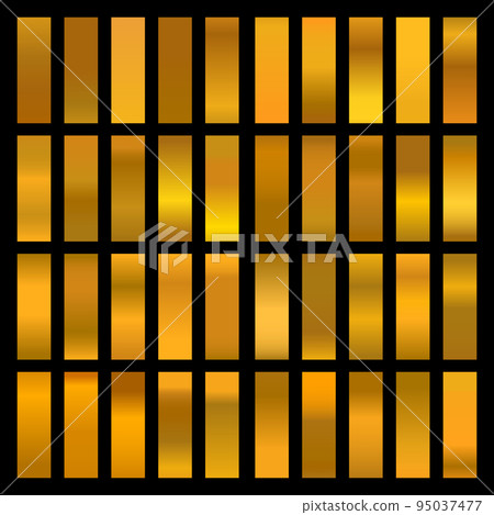 Metalic gradient collection with shiny gold hologram. Holographic foil texture, gold rose, brown and golden gradation. Vector set for frame, ribbon, border, other design. 95037477