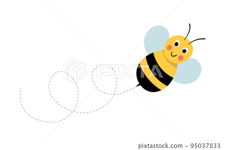 Set of cartoon bee mascot. A small bees flying on a dotted route. Wasp collection. Vector characters. Incest icon. Template design for invitation, cards. Doodle style Set of cartoon bee mascot. A small bees flying on a dotted route. Wasp collection. Vector characters. Incest icon. Template design for invitation, cards. Doodle style 95037833