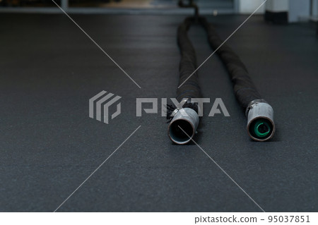 Gym fit battle training rope woman cross athlete muscular, from active adult for activity and determination health, club functional. Alternating building, 95037851