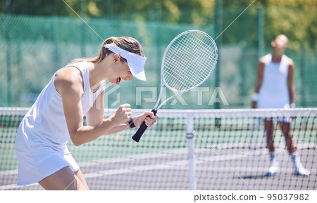 Fitness, success and fun with a winner tennis player celebrating a win at game, shouting with victory. Athletic female passionate about sport career, excited after playing against the competition 95037982