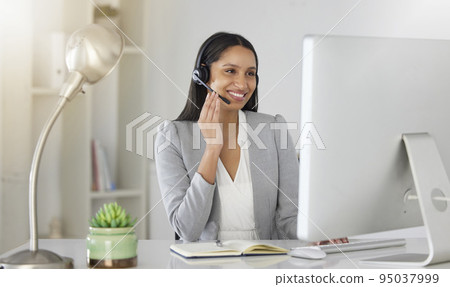 Customer service, consultant and contact support by call center agent talking to a customer on video call. Happy employee enjoying online customer care while working on guidance and advice in office 95037999