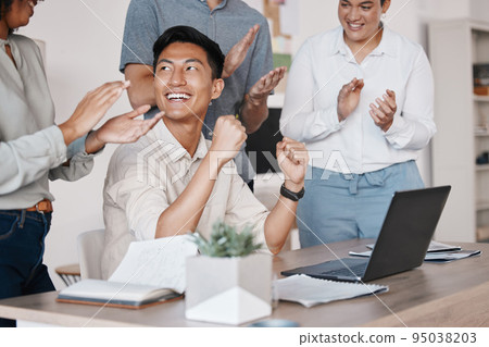 Teamwork, applause and motivation for success or celebration at SEO, online tech or UX startup agency office. Creative corporate Asian businessman celebrate win in internet website design target goal Teamwork, applause and motivation for success or celebration at SEO, online tech or UX startup agency office. Creative corporate Asian businessman celebrate win in internet website design target goal 95038203