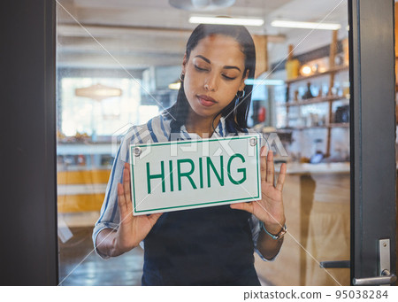 Hiring, recruitment and about us advertising sign on a glass door of a small business, startup or coffee shop. Cafe store, restaurant or hr manager ready to hire new workers, employees and staff 95038284