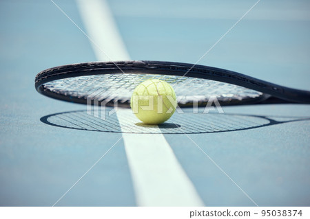 Tennis court ball, badminton bat and sports ground with racket silhouette, shadow and sunshine on training floor. Outdoor sun background turf for game, playing match and healthy fitness hobby skill Tennis court ball, badminton bat and sports ground with racket silhouette, shadow and sunshine on training floor. Outdoor sun background turf for game, playing match and healthy fitness hobby skill 95038374